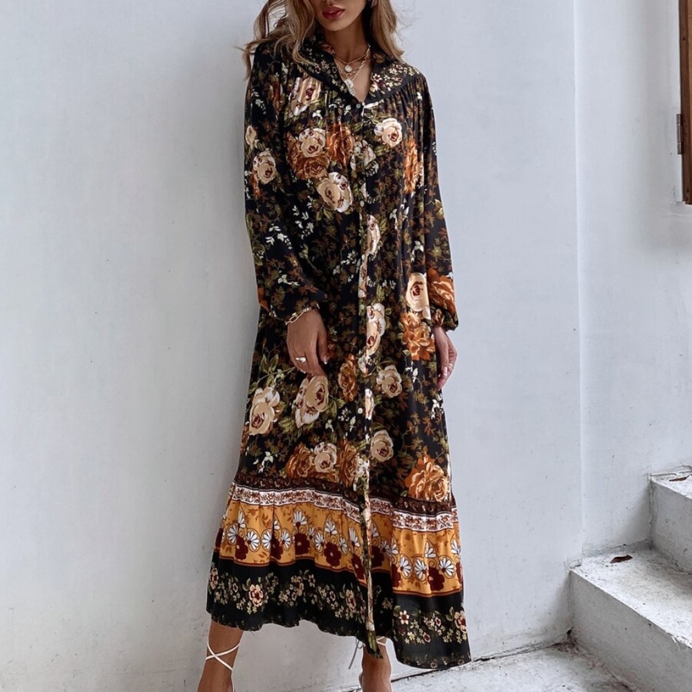 boho floral print button down long sleeve dress - Picture 7 of 7